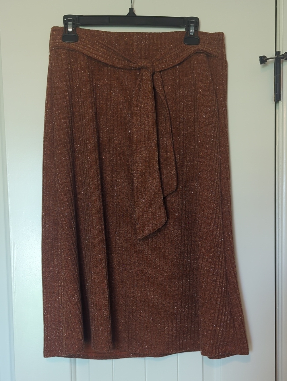 Brown Knit Tie-Waist Midi Skirt